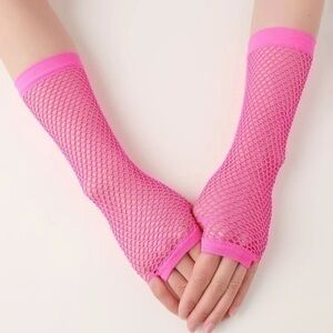 Hot Pink Fishnet Fingerless Gloves – 80s Party Costume or Rave Accessory